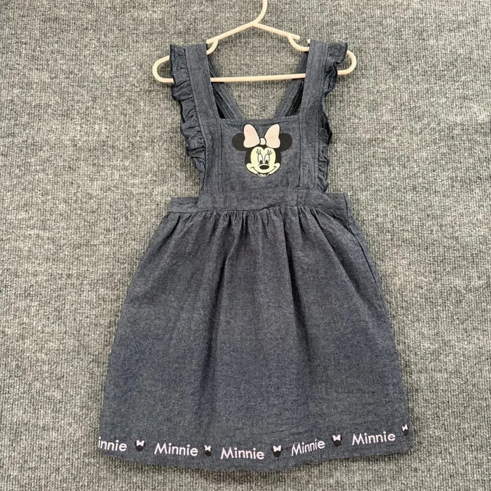 Disney Minnie Mouse Pinafore Apron Dress Size 4T Blue Chambray Ruffle Jumper